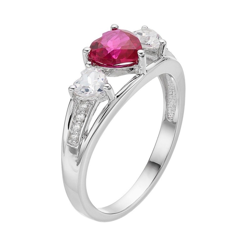 Sterling Silver Ruby & White Sapphire Triple Heart Ring - Size 5.75
